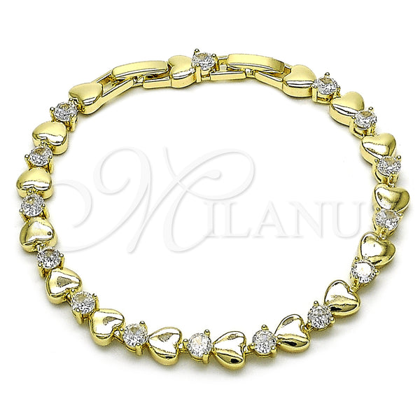Oro Laminado Tennis Bracelet, Gold Filled Style Heart Design, with White Cubic Zirconia, Polished, Golden Finish, 03.213.0321.07 (07 MM Thickness, 7 Inches Length)