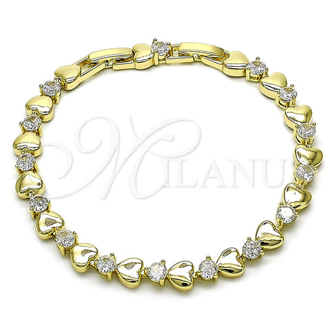 Oro Laminado Tennis Bracelet, Gold Filled Style Heart Design, with White Cubic Zirconia, Polished, Golden Finish, 03.213.0321.07 (07 MM Thickness, 7 Inches Length)