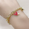 Oro Laminado Charm Bracelet, Gold Filled Style Heart Design, Red Enamel Finish, Golden Finish, 03.213.0320.1.07