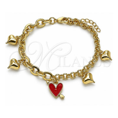 Oro Laminado Charm Bracelet, Gold Filled Style Heart Design, Red Enamel Finish, Golden Finish, 03.213.0320.1.07 (07 MM Thickness, 7 Inches Length)