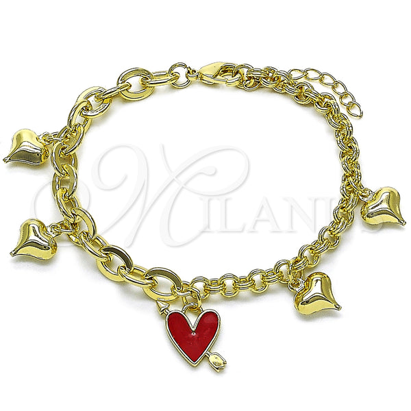 Oro Laminado Charm Bracelet, Gold Filled Style Heart Design, Red Enamel Finish, Golden Finish, 03.213.0320.1.07 (07 MM Thickness, 7 Inches Length)