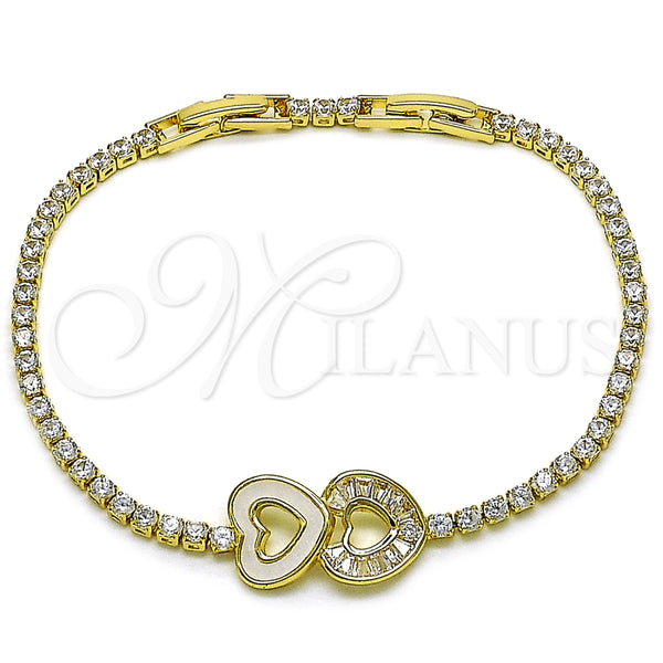 Oro Laminado Fancy Bracelet, Gold Filled Style Heart and Baguette Design, with White Cubic Zirconia and Ivory Mother of Pearl, Polished, Golden Finish, 03.421.0004.07