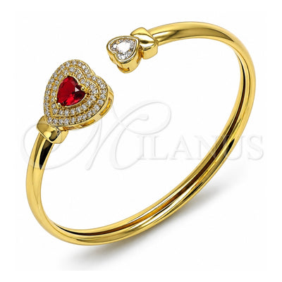 Oro Laminado Individual Bangle, Gold Filled Style Heart and Cluster Design, with Garnet and White Cubic Zirconia, Polished, Golden Finish, 07.424.0001.2 (05 MM Thickness, One size fits all)