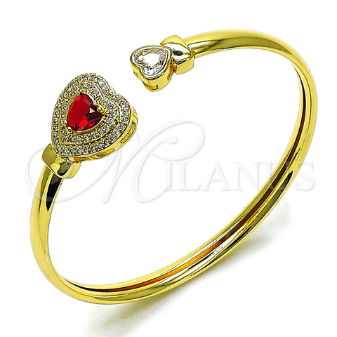 Oro Laminado Individual Bangle, Gold Filled Style Heart and Cluster Design, with Garnet and White Cubic Zirconia, Polished, Golden Finish, 07.424.0001.2 (05 MM Thickness, One size fits all)