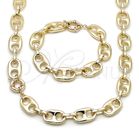 Oro Laminado Necklace and Bracelet, Gold Filled Style Puff Mariner Design, Polished, Golden Finish, 06.429.0014