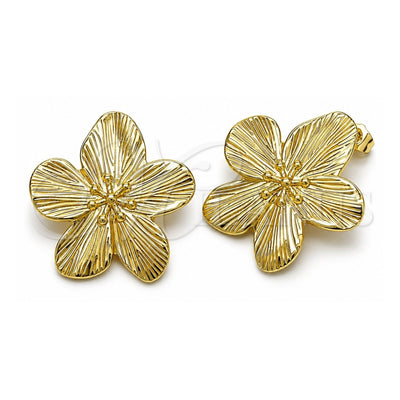Oro Laminado Stud Earring, Gold Filled Style Flower Design, Diamond Cutting Finish, Golden Finish, 02.428.0023