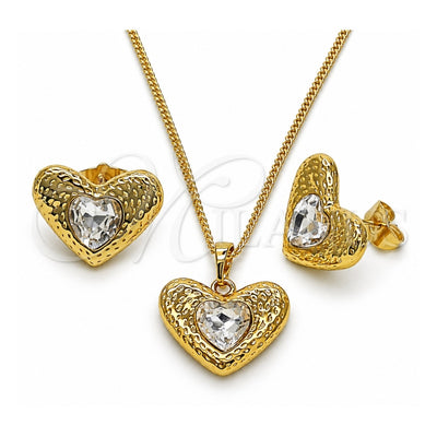 Oro Laminado Earring and Pendant Adult Set, Gold Filled Style Heart Design, with White Crystal, Polished, Golden Finish, 10.379.0091