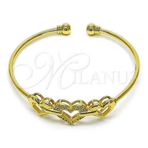 Oro Laminado Individual Bangle, Gold Filled Style Heart Design, with White Micro Pave, Polished, Golden Finish, 07.282.0004 (03 MM Thickness, One size fits all)