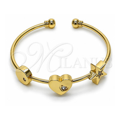 Oro Laminado Individual Bangle, Gold Filled Style Heart and Star Design, with White Cubic Zirconia, Polished, Golden Finish, 07.282.0005 (03 MM Thickness, One size fits all)