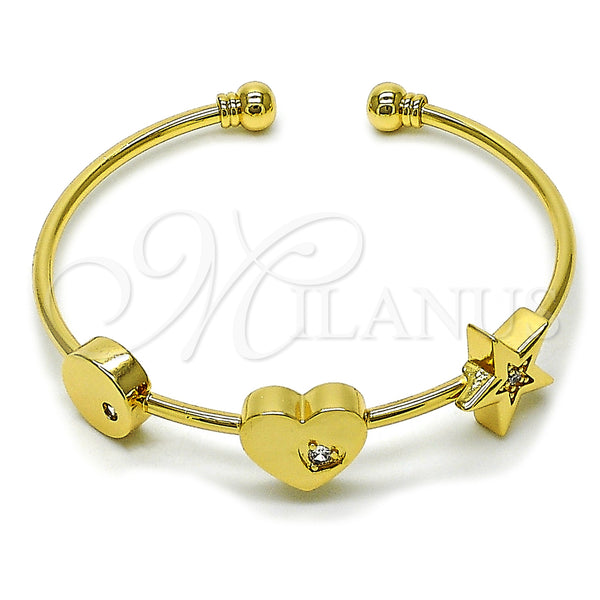 Oro Laminado Individual Bangle, Gold Filled Style Heart and Star Design, with White Cubic Zirconia, Polished, Golden Finish, 07.282.0005 (03 MM Thickness, One size fits all)
