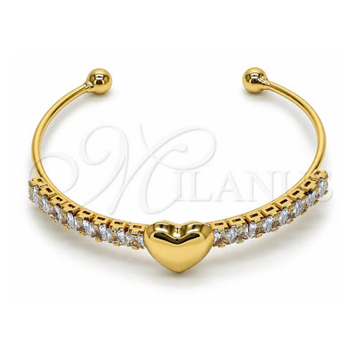 Oro Laminado Individual Bangle, Gold Filled Style Heart and Baguette Design, with White Cubic Zirconia, Polished, Golden Finish, 07.282.0006 (02 MM Thickness, One size fits all)