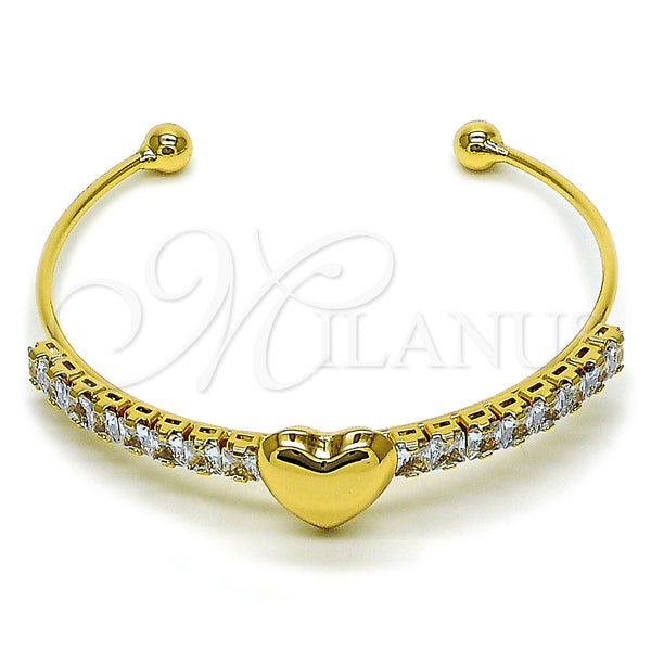 Oro Laminado Individual Bangle, Gold Filled Style Heart and Baguette Design, with White Cubic Zirconia, Polished, Golden Finish, 07.282.0006 (02 MM Thickness, One size fits all)