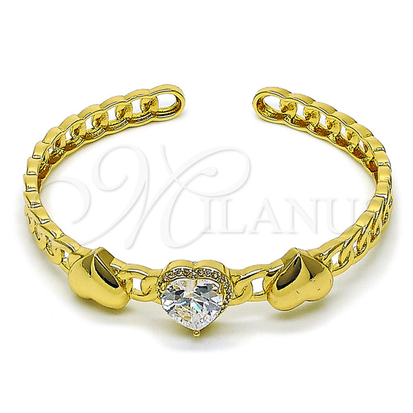 Oro Laminado Individual Bangle, Gold Filled Style Heart and Cluster Design, with White Cubic Zirconia and White Micro Pave, Polished, Golden Finish, 07.282.0010 (06 MM Thickness, One size fits all)