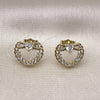 Oro Laminado Stud Earring, Gold Filled Style Heart and Bow Design, with White Cubic Zirconia, Polished, Golden Finish, 02.156.0698