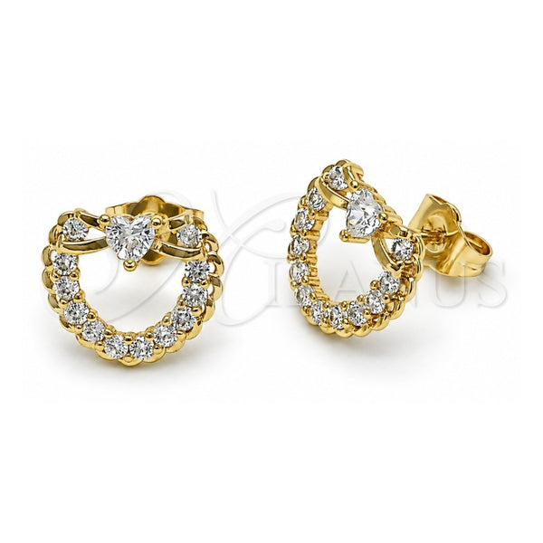Oro Laminado Stud Earring, Gold Filled Style Heart and Bow Design, with White Cubic Zirconia, Polished, Golden Finish, 02.156.0698