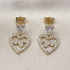 Oro Laminado Dangle Earring, Gold Filled Style Heart Design, with White Cubic Zirconia, Polished, Golden Finish, 02.283.0229