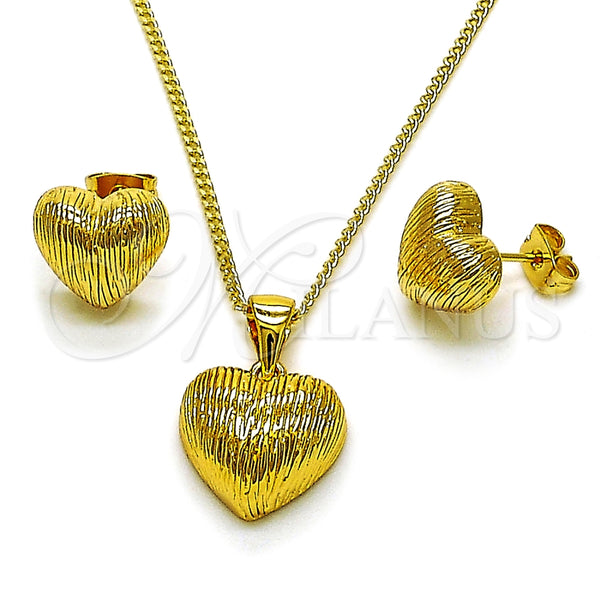 Oro Laminado Earring and Pendant Adult Set, Gold Filled Style Heart Design, Brushed Finish, Golden Finish, 10.342.0216