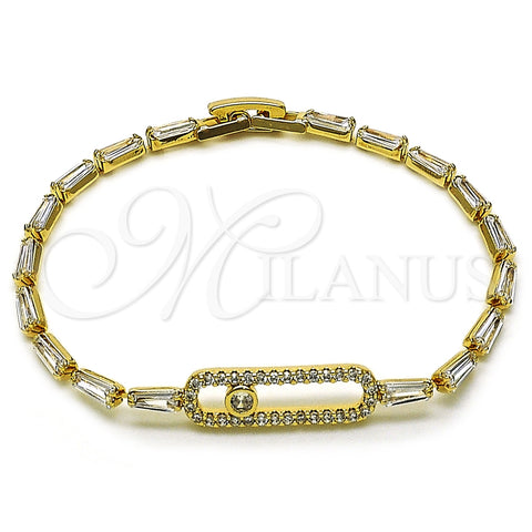Oro Laminado Tennis Bracelet, Gold Filled Style Paperclip and Baguette Design, with White Cubic Zirconia, Polished, Golden Finish, 03.283.0453.07