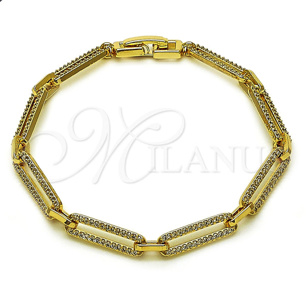 Oro Laminado Tennis Bracelet, Gold Filled Style Paperclip Design, with White Micro Pave, Polished, Golden Finish, 03.283.0460.07