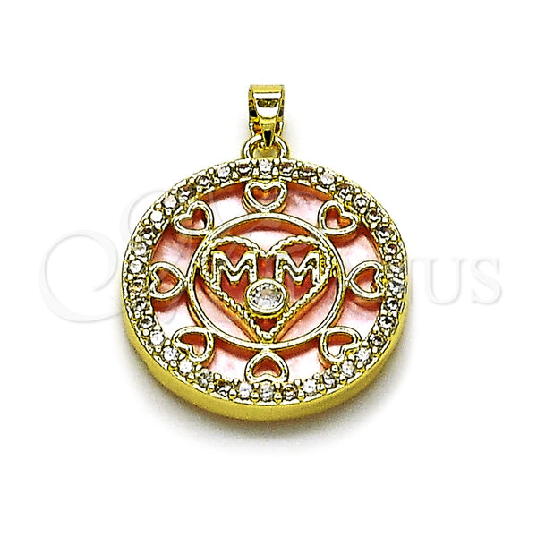 Oro Laminado Fancy Pendant, Gold Filled Style Mom and Heart Design, with Pink Mother of Pearl and White Cubic Zirconia, Polished, Golden Finish, 05.423.0001
