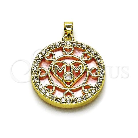 Oro Laminado Fancy Pendant, Gold Filled Style Mom and Heart Design, with Pink Mother of Pearl and White Cubic Zirconia, Polished, Golden Finish, 05.423.0001