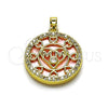 Oro Laminado Fancy Pendant, Gold Filled Style Mom and Heart Design, with Pink Mother of Pearl and White Cubic Zirconia, Polished, Golden Finish, 05.423.0001