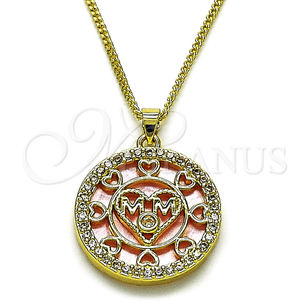 Oro Laminado Pendant Necklace, Gold Filled Style Mom and Heart Design, with Pink Mother of Pearl and White Cubic Zirconia, Polished, Golden Finish, 04.423.0001.18