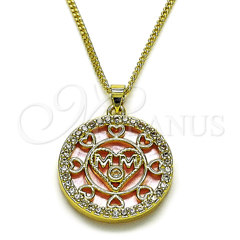 Oro Laminado Pendant Necklace, Gold Filled Style Mom and Heart Design, with Pink Mother of Pearl and White Cubic Zirconia, Polished, Golden Finish, 04.423.0001.18 (02 MM Thickness, 18 Inches Length)