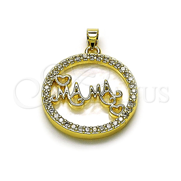 Oro Laminado Fancy Pendant, Gold Filled Style Mom and Heart Design, with Ivory Mother of Pearl and White Cubic Zirconia, Polished, Golden Finish, 05.423.0003