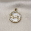 Oro Laminado Fancy Pendant, Gold Filled Style Mom and Heart Design, with Ivory Mother of Pearl and White Cubic Zirconia, Polished, Golden Finish, 05.423.0003