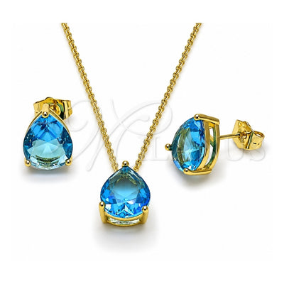 Oro Laminado Earring and Pendant Adult Set, Gold Filled Style Teardrop and Rolo Design, with Blue Topaz Cubic Zirconia, Polished, Golden Finish, 10.156.0510