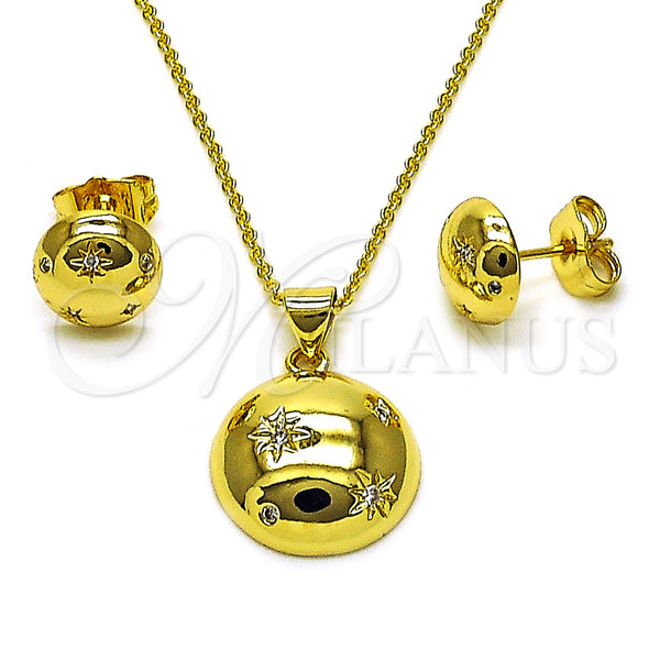 Oro Laminado Earring and Pendant Adult Set, Gold Filled Style Sun and Rolo Design, with White Cubic Zirconia, Polished, Golden Finish, 10.156.0511