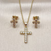 Oro Laminado Earring and Pendant Adult Set, Gold Filled Style Cross and Rolo Design, with White Cubic Zirconia, Polished, Golden Finish, 10.156.0512