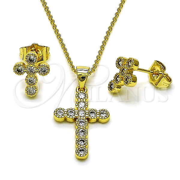 Oro Laminado Earring and Pendant Adult Set, Gold Filled Style Cross and Rolo Design, with White Cubic Zirconia, Polished, Golden Finish, 10.156.0512