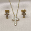 Oro Laminado Earring and Pendant Adult Set, Gold Filled Style Cross and Rolo Design, with White Micro Pave, Polished, Golden Finish, 10.156.0514