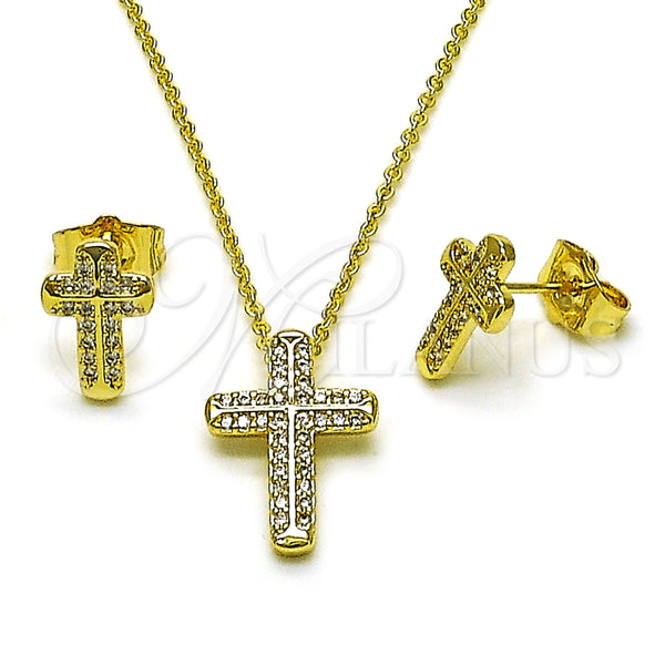 Oro Laminado Earring and Pendant Adult Set, Gold Filled Style Cross and Rolo Design, with White Micro Pave, Polished, Golden Finish, 10.156.0514