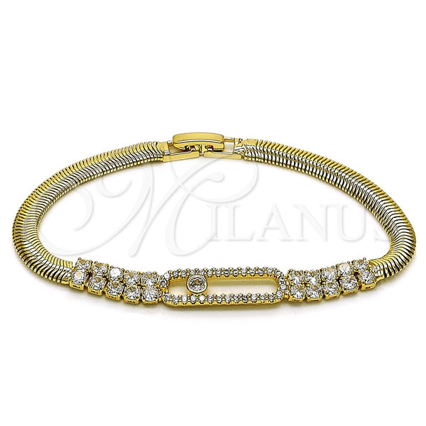 Oro Laminado Fancy Bracelet, Gold Filled Style Paperclip and Rat Tail Design, with White Cubic Zirconia, Polished, Golden Finish, 03.283.0466.07