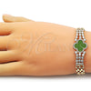Oro Laminado Fancy Bracelet, Gold Filled Style Four-leaf Clover Design, with White Cubic Zirconia and Light Green Micro Pave, Polished, Golden Finish, 03.283.0435.3.07