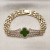 Oro Laminado Fancy Bracelet, Gold Filled Style Four-leaf Clover Design, with White Cubic Zirconia and Light Green Micro Pave, Polished, Golden Finish, 03.283.0435.3.07