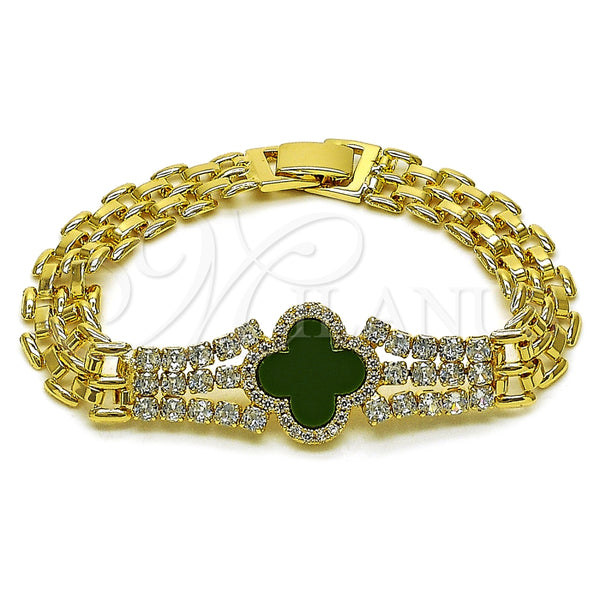 Oro Laminado Fancy Bracelet, Gold Filled Style Four-leaf Clover Design, with White Cubic Zirconia and Light Green Micro Pave, Polished, Golden Finish, 03.283.0435.3.07