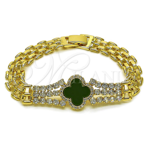Oro Laminado Fancy Bracelet, Gold Filled Style Four-leaf Clover Design, with White Cubic Zirconia and Light Green Micro Pave, Polished, Golden Finish, 03.283.0435.3.07