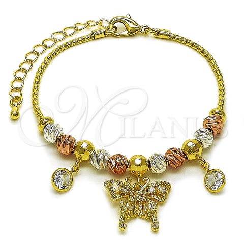 Oro Laminado Fancy Bracelet, Gold Filled Style Butterfly and Ball Design, with White Cubic Zirconia, Diamond Cutting Finish, Tricolor, 03.411.0073.07