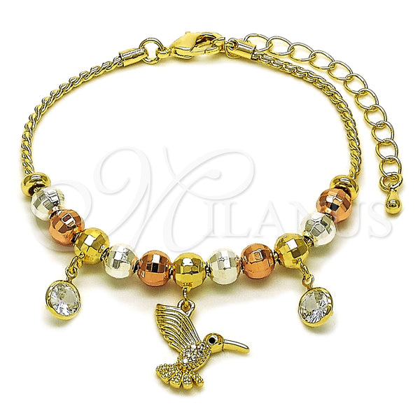 Oro Laminado Fancy Bracelet, Gold Filled Style Bird and Ball Design, with White Cubic Zirconia, Diamond Cutting Finish, Golden Finish, 03.411.0074.07