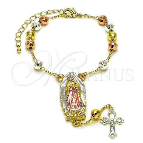 Oro Laminado Bracelet Rosary, Gold Filled Style Guadalupe and Cross Design, Diamond Cutting Finish, Tricolor, 09.411.0009.07