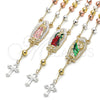 Oro Laminado Bracelet Rosary, Gold Filled Style Guadalupe and Cross Design, Diamond Cutting Finish, Tricolor, 09.411.0009.07