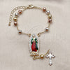 Oro Laminado Bracelet Rosary, Gold Filled Style Guadalupe and Cross Design, Diamond Cutting Finish, Tricolor, 09.411.0009.1.07