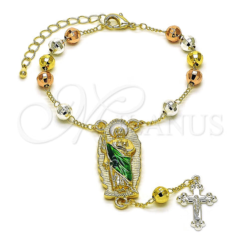 Oro Laminado Bracelet Rosary, Gold Filled Style San Judas and Cross Design, Diamond Cutting Finish, Tricolor, 09.411.0010.07