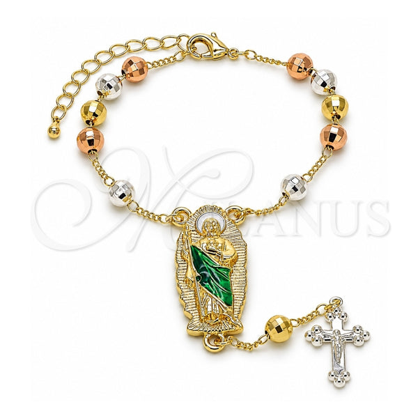 Oro Laminado Bracelet Rosary, Gold Filled Style San Judas and Cross Design, Diamond Cutting Finish, Tricolor, 09.411.0010.07