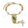 Oro Laminado Bracelet Rosary, Gold Filled Style San Judas and Cross Design, Diamond Cutting Finish, Tricolor, 09.411.0010.07