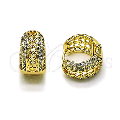 Oro Laminado Huggie Hoop, Gold Filled Style Heart Design, with White Micro Pave, Polished, Golden Finish, 02.195.0351.15